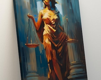 Op de afbeelding: Een artistieke canvas print van Vrouwe Justitia, afgebeeld in een vloeiende jurk, met een weegschaal. Het kunstwerk heeft een warm kleurenpalet met goud- en bruintinten, tegen een achtergrond van blauwe pilaren.