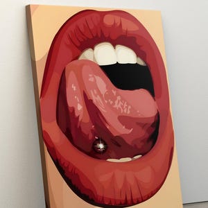 Bright Red Woman Lips Surreal Art Print or Canvas, Red Modern Wall Art, Sparkling Shining Lips Poster, Woman with Piercing Poster, Woman Art