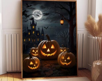 Vintage Halloween Canvas Art, Spooky Pumpkin Poster, Autumn Decor, Canvas Decor, Framed Poster, Home Decor, Halloween Canvas, Halloween Gift