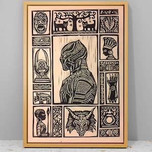 May include: A framed black and white print of a Black Panther character with a geometric pattern. The print is divided into a grid of smaller squares, each containing a different symbol or design. The symbols include a panther head, a tree, a crown, and a spear.