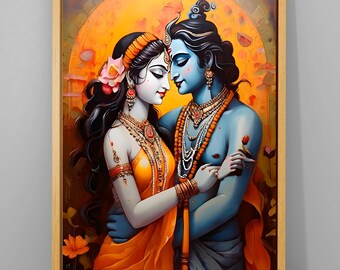 インドの神ラーダー・クリシュナのファインプリントポスター（フレーム
