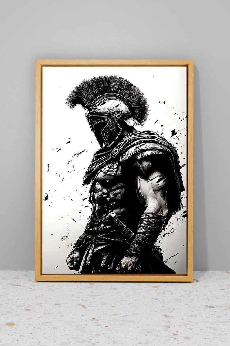 May include: Framed black and white artwork of a Spartan warrior. The illustration shows a muscular figure in detailed armour, including a helmet with a crest. Splatter effects add a dynamic element to the image, enhancing the dramatic feel.