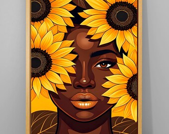 Black Woman Sunflower Canvas Art: African American Woman Portrait