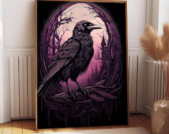 カラスのキャンバスアート、レイヴンのウォールアート、ハロウィンのウォールデコレーション、ダークゴシックプリント、ダークアカデミアプリント、ハロウィンギフト、キャンバスまたはポスター、プリントアート