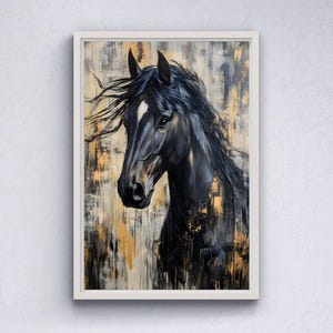 May include: A framed painting of a black horse with a flowing mane. The artwork features a dark colour palette with gold and white accents. The horse's head is turned slightly to the side, showcasing its profile. The painting is set against a textured background.
