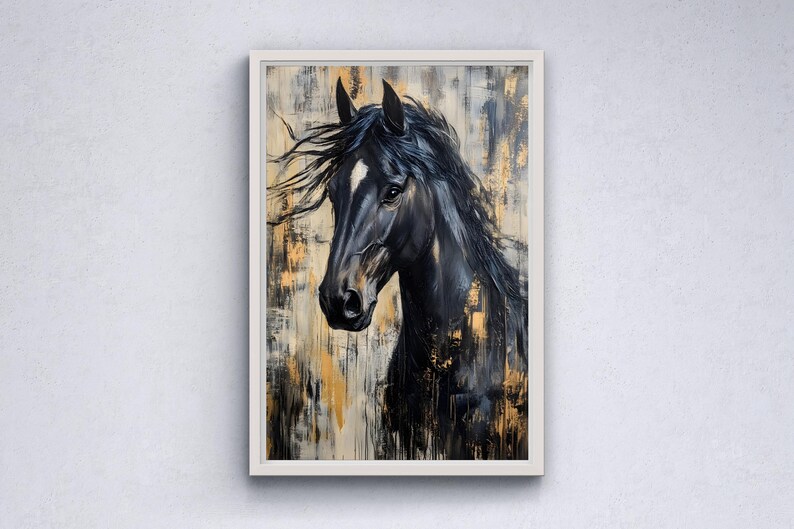 May include: A framed painting of a black horse with a flowing mane. The artwork features a dark colour palette with gold and white accents. The horse's head is turned slightly to the side, showcasing its profile. The painting is set against a textured background.