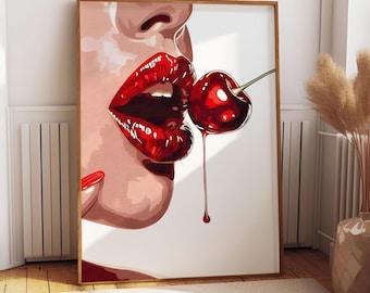 Lizak z ustami, wydruk artystyczny na płótnie, dziewczęcy wystrój w stylu pop-art, estetyczny wydruk, seksowny plakat pop-art, sztuka ścienna z ustami, seksowna dekoracja ścienna z czerwonymi ustami