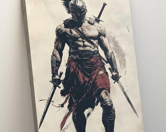 May include: Canvas art print of a muscular warrior in a helmet, holding two swords. The warrior wears a red skirt and armor. The artwork has a vintage, sketched style with a neutral background. The canvas is leaning against a wall.