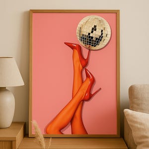 Pop Art Disco Ball Print, Retro Legs Wall Art with Red Heels, Bold Feminine Canvas Poster, Pink Pop Art Wall Print, Modern Feminine Decor