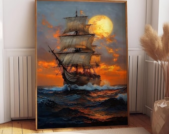帆船の油絵、夕日の船のオリジナル絵画、帆船の壁掛けアート、沿岸の