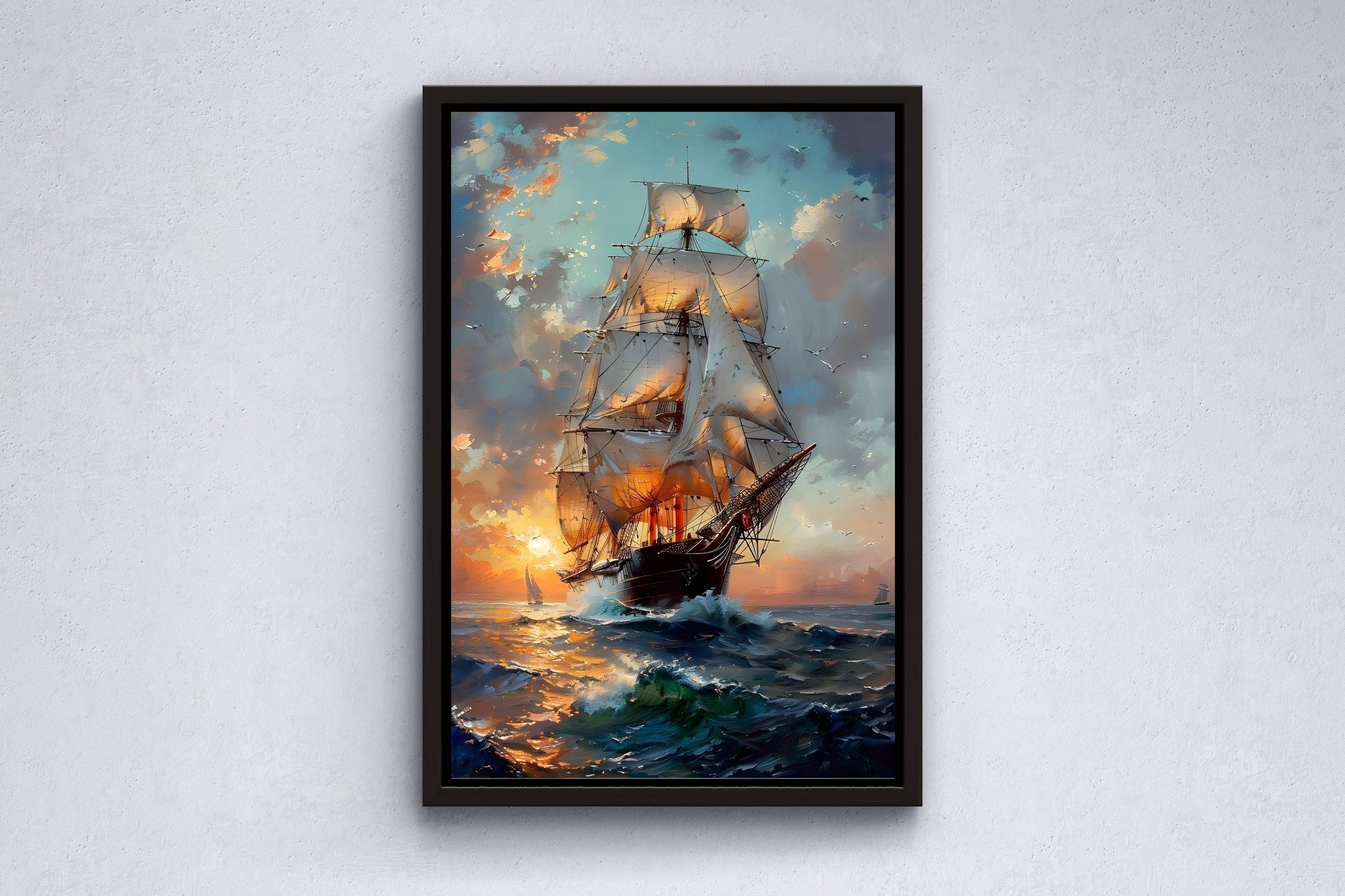 帆船の絵画、海景プリント、海岸装飾、海景画キャンバス、帆船