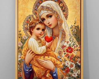 Virgin Mary and Christ Child Canvas: Religious Catholic Wall Art