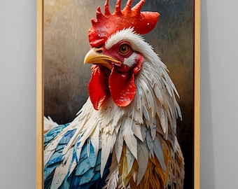 Könnte beinhalten: Gerahmtes Kunstwerk mit einem detaillierten Porträt eines Hahns. Der Hahn hat einen leuchtend roten Kamm und Kehllappen, einen gelben Schnabel und weiße, blaue und gelbe Federn. Das Kunstwerk ist vor einem neutralen Hintergrund.