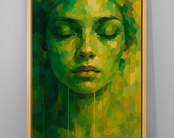 Green Abstract Woman Face Canvas Art: Black Framed Portrait