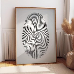 May include: A framed print with a large fingerprint design in grey tones. The fingerprint is centrally positioned on a white background, within a wooden frame. The artwork is displayed on a wooden floor.