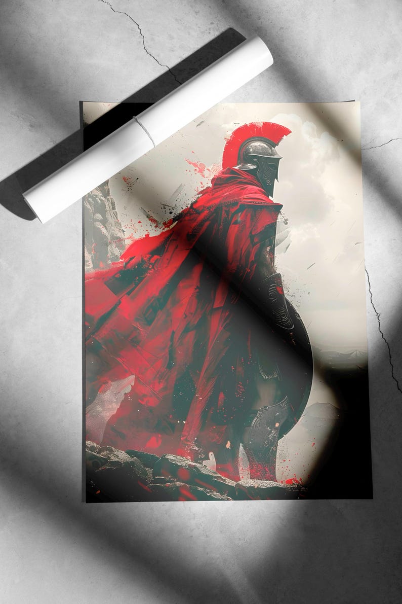 May include: An artistic print of a Spartan warrior in a red cape and helmet, standing on a rocky terrain. The artwork features a dramatic color palette of red, black, and gray, with a white rolled poster on top.