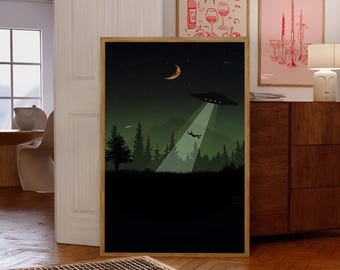 UFO Abduction Art Print: Funny 50s Style Flying Saucer Poster