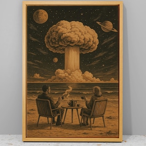Könnte beinhalten: Gerahmter Kunstdruck, der eine surreale Szene von zwei Personen zeigt, die an einem Tisch am Strand sitzen und Tee trinken, während eine Atompilzwolke im Hintergrund aufsteigt. Das Kunstwerk weist eine Sepia-Farbpalette mit himmlischen Elementen auf.