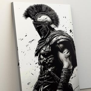 May include: Monochrome artwork of a muscular warrior in ancient Greek armour. The warrior wears a helmet with a tall plume, shoulder armour, and arm wraps. The image is on a canvas print.