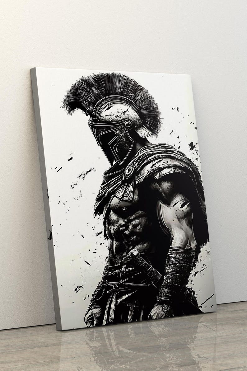May include: Monochrome artwork of a muscular warrior in ancient Greek armour. The warrior wears a helmet with a tall plume, shoulder armour, and arm wraps. The image is on a canvas print.