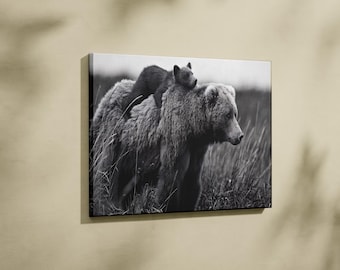 Grizzly Bear Canvas Print: Black and White Farmhouse Wall Art