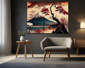 Japanse kunst aan de muur, Aziatische kunst aan de muur, Japans landschap, Japanse sakura canvas, Wiev Art, relatiegeschenk, Japans decor, kersenbloesem kunst