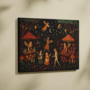 Fairy Dance Print Art, Moody Fairytale Aesthetic, Dark Academia Prints, Antique Home Decor, Cottagecore Wall Art, Fairies Canvas Painting