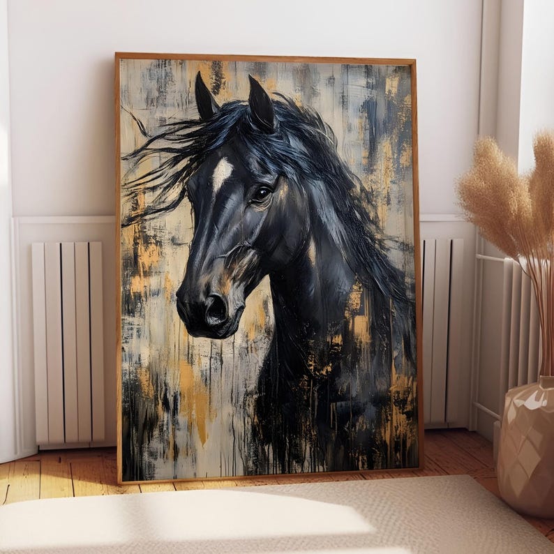 May include: A framed painting of a black horse's head with a flowing mane. The artwork has a textured finish with gold and neutral tones in the background. The horse has a white marking on its forehead.