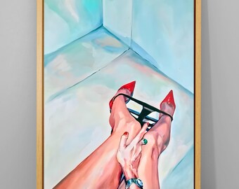Quadro decorativo de salto alto vermelho, pintura de figura feminina sensual, decoração de parede minimalista, ilustração de moda moderna em tela, arte de parede feminina.