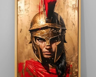 May include: A painting of a woman wearing a gold Roman helmet with a red plume. The background is a textured gold and red.