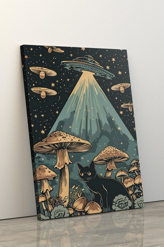 Magical Mystical Wall Art, Fantasy Nature Home Decor, Mushroom Art, Black Cat Poster, Weird Cat Canvas Under UFO, Magical Space Print Art