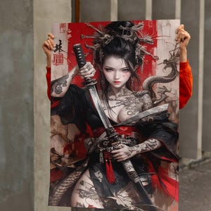 Arte murale giapponese, arte di una donna guerriera samurai, arte murale estetica giapponese, arredamento per ufficio, poster da parete, arredamento per sala giochi, regali per gamer