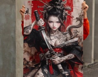 Japanese Wall Art, Samurai Warrior Woman Art, Japanese Aesthetic Wall Art, Home Office Decor, Wall Poster, Game Room Decor, Gamer Gifts