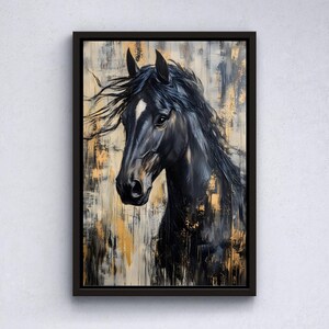 May include: A framed art print of a black horse's head with a flowing mane. The painting has a textured background with gold and neutral tones. The horse has a white marking on its face, and the artwork is in a black frame.