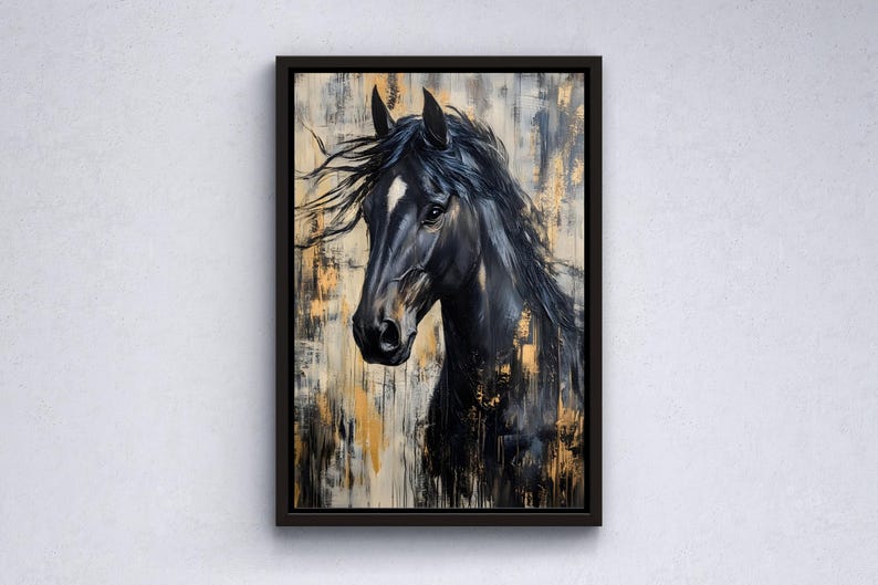 May include: A framed art print of a black horse's head with a flowing mane. The painting has a textured background with gold and neutral tones. The horse has a white marking on its face, and the artwork is in a black frame.