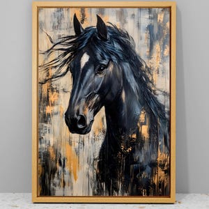 May include: A framed painting of a black horse's head with a white blaze. The artwork features a textured, abstract background with gold and neutral tones. The horse's mane flows, and the painting is in a wooden frame.