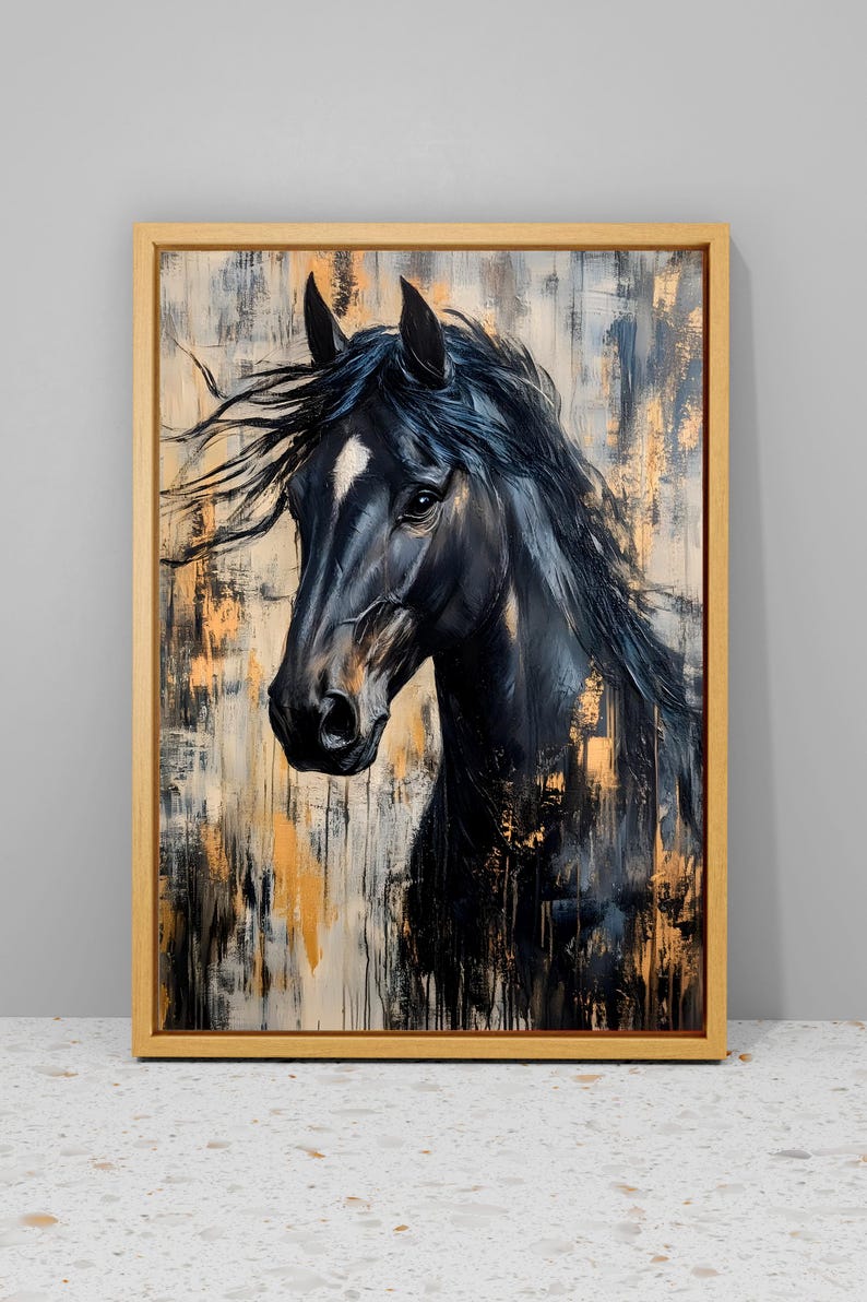 May include: A framed painting of a black horse's head with a white blaze. The artwork features a textured, abstract background with gold and neutral tones. The horse's mane flows, and the painting is in a wooden frame.