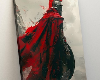 May include: Canvas art print of a Spartan warrior in full armor, viewed from the back. The warrior wears a red cape and helmet with a red plume. The background is a cloudy sky and rocky terrain.