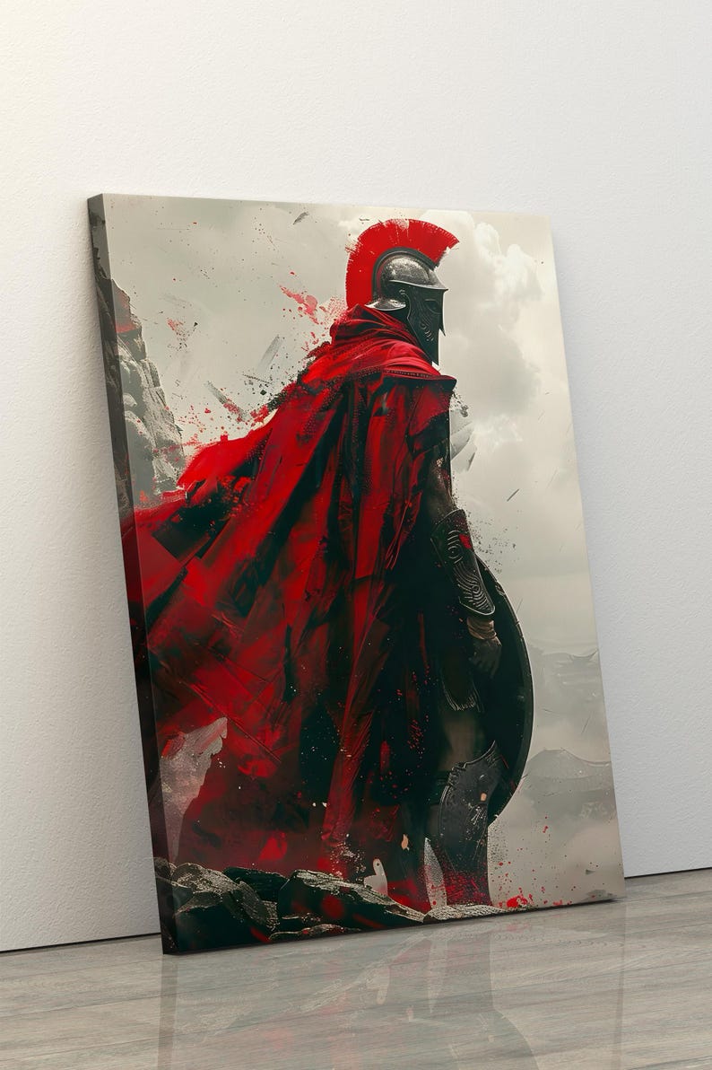 May include: Canvas art print of a Spartan warrior in full armor, viewed from the back. The warrior wears a red cape and helmet with a red plume. The background is a cloudy sky and rocky terrain.