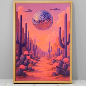 Surreale Wüste Disko Kunst, Diskokugel Poster, Kaktus und UFO Leinwand Kunst, Retro Wanddekor, Trendy Dopamin Dekor