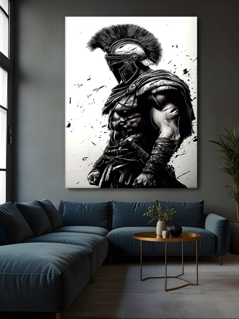 May include: Monochrome artwork depicting a Spartan warrior in full armour, including a helmet with a tall plume. The artwork is displayed on a large canvas, with black paint splatters on a white background. The warrior is muscular and stands in a powerful pose.