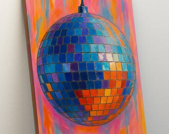 Arte em tela com bola de discoteca: decoração de parede retrô e psicodélica