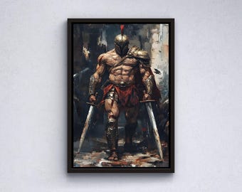 May include: Framed artwork depicting a muscular warrior in ancient armor, holding two swords. The painting features a dark color palette with red accents on the warrior's attire. The artwork is set against a blurred background.
