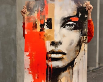 May include: Abstract painting of a woman's face with bold red and gold accents. The painting is done in a contemporary style and features a close-up of the woman's eyes and lips.