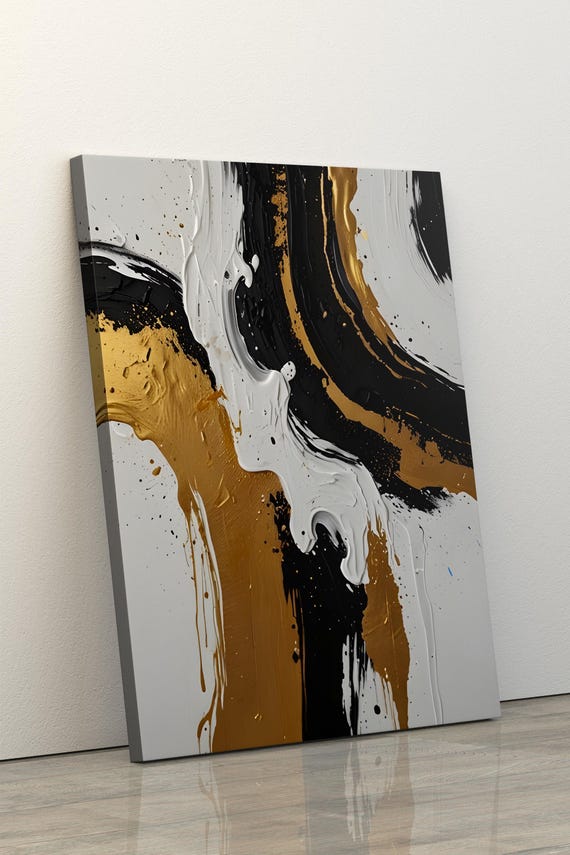 抽象的な黒と金の詳細な絵画キャンバス、抽象的な現代アート、大きな