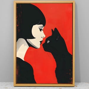 Cat and Woman Wall Art, Woman with Cats Portrait, Playing with Cats Wall Art, Cat Poster, Abstract Wall Art, Minimalist Poster, Black Cat
