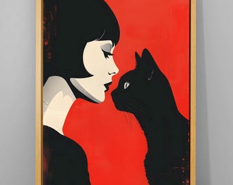 Cat and Woman Wall Art, Woman with Cats Portrait, Playing with Cats Wall Art, Cat Poster, Abstract Wall Art, Minimalist Poster, Black Cat