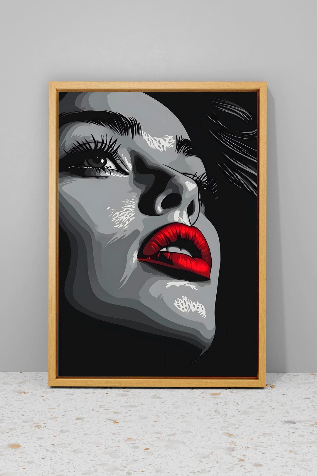 Red Lipstick Woman Portrait: Black and White Texture Painting on Framed ...