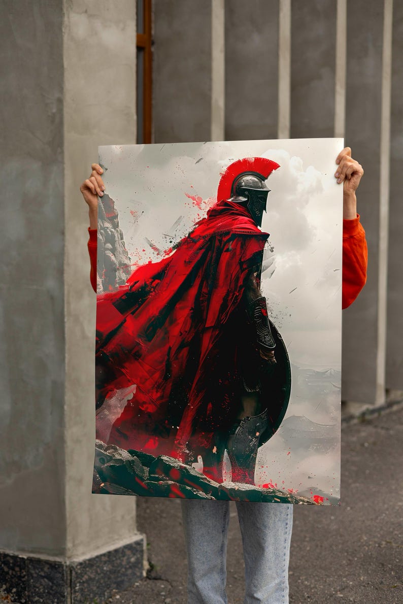 May include: A digital art print of a Spartan warrior in full armor, with a red cape billowing in the wind. The warrior is standing on a rocky terrain, with a shield and helmet. The artwork has a dramatic, painterly style.