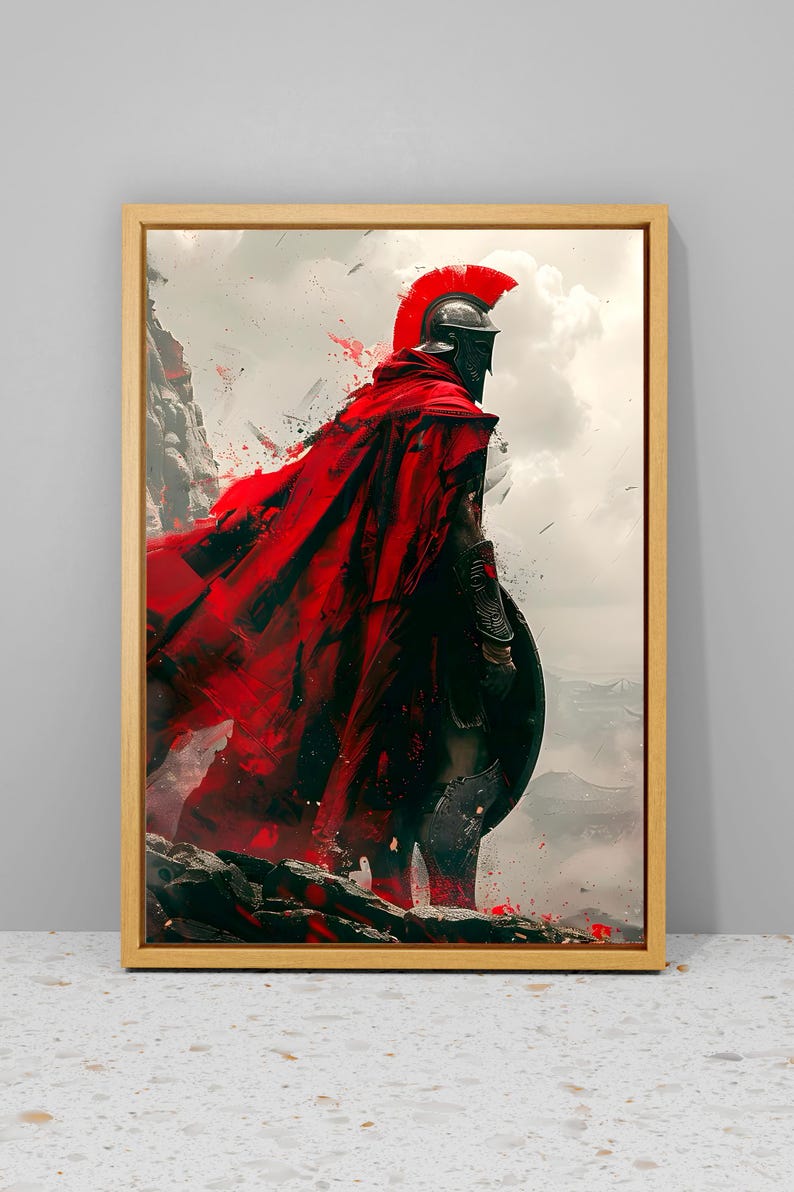 May include: A framed canvas print depicts a Spartan warrior in full armor, viewed from the back, standing on a rocky precipice. The warrior wears a red cape and helmet with a red plume, holding a shield. The background features a cloudy sky and mountains.